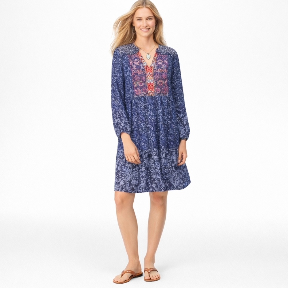 Sundance Boho Embroidered Peasant Dress L Blue Floral Western Cottagecore